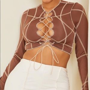 Shape Brown Contrast Stitch Lace Up Detail Crop Top